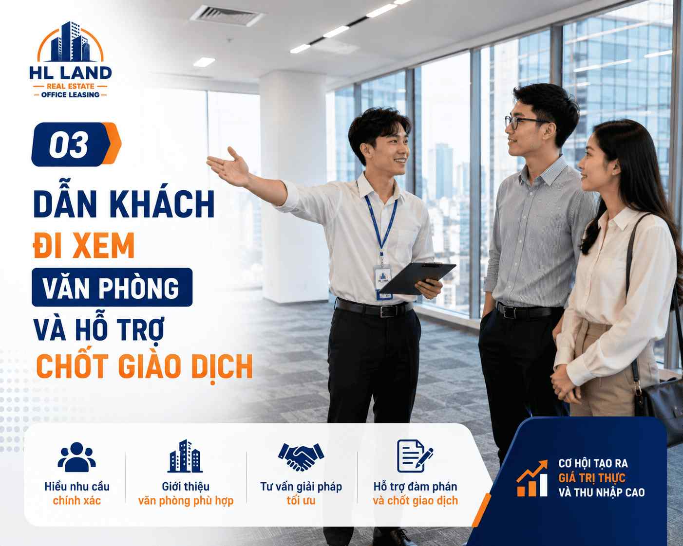 nhân viên kinh doanh bất động sản mảng cho thuê văn phòng dẫn khách đi khảo sát